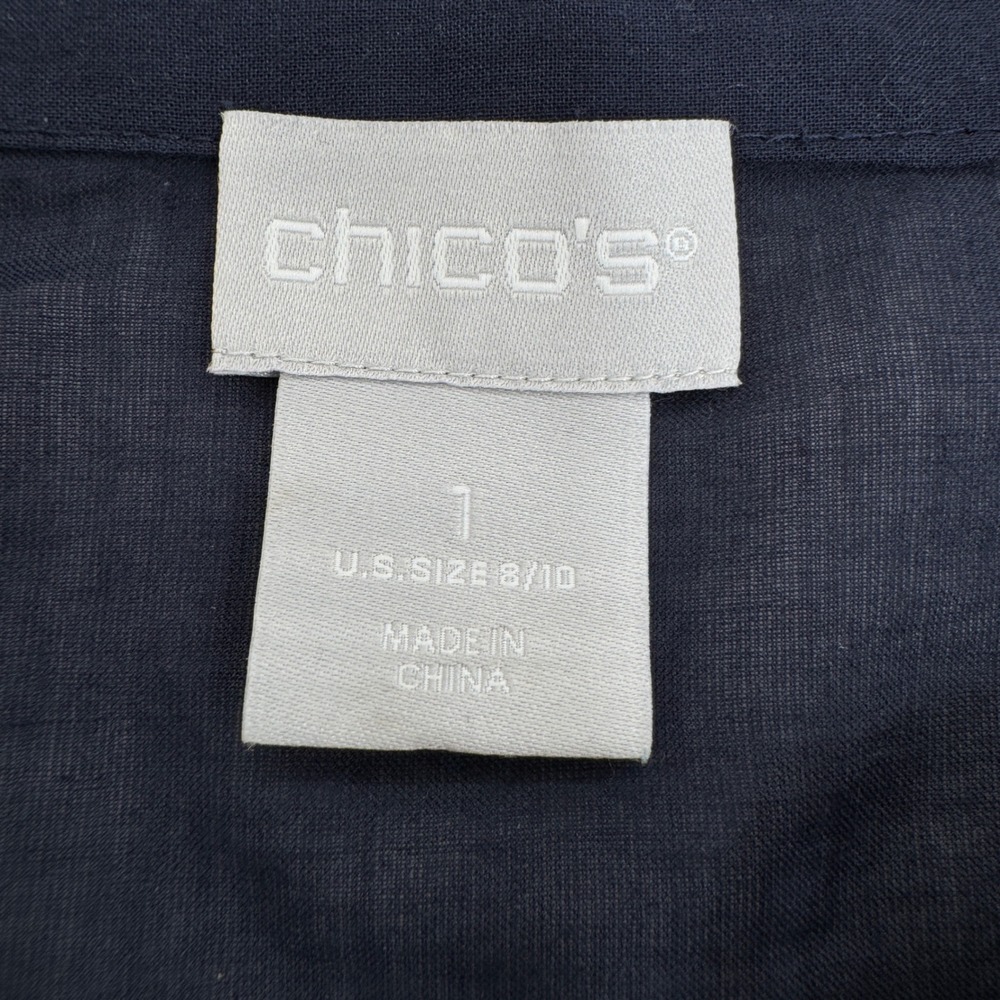 Chicos Tunic Top Womens Size 1 Navy Embroidered Semi‎ Sheer V Neck Resort Wear - Picture 5 of 8